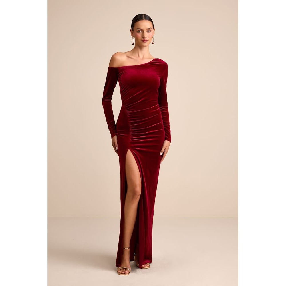 Lulus red velvet maxi dress off shoulder long sleeve glam holiday wedding formal